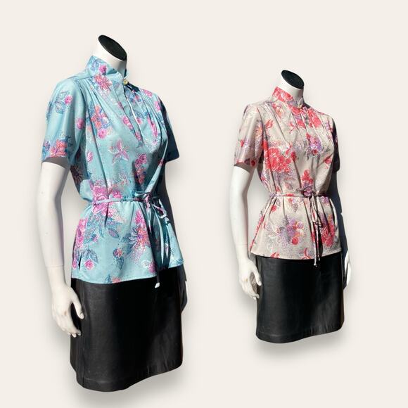 2 70s VTG Sears small polyester blouses w/ pixelated floral pattern - Picture 2 of 6